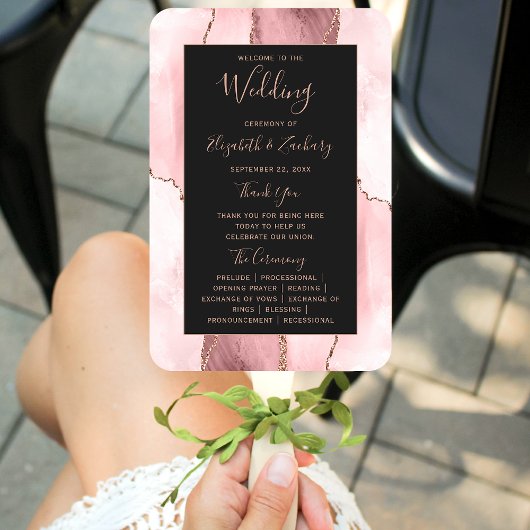 Blush Pink Rose Gold Agate Dark Wedding Program Handwaaier