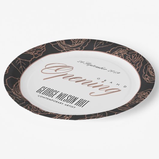 BLUSH PINK ROSE GOLD BLACK FLORAL GRAND OPENING PAPIEREN BORDJE (Gekanteld)