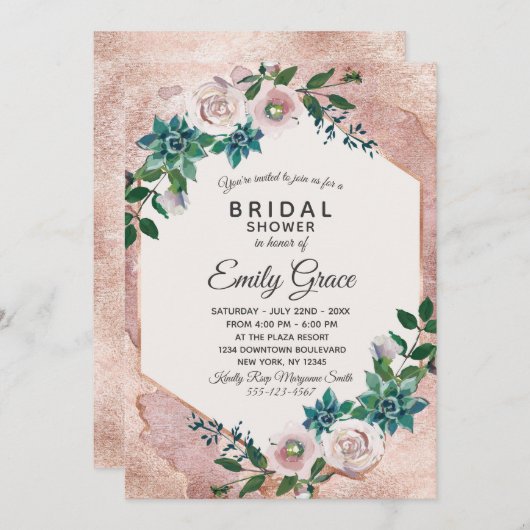 Blush Pink Rose Gold Bruids Douche Uitnodiging (Voorkant / Achterkant)