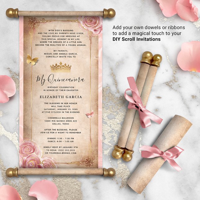 Blush Pink Rose Gold DIY Quince Scroll uitnodiging (DIY scrolls do not come with dowels. Add your own or roll up with a ribbon for a personalized touch!)
