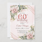 Blush Pink Rose Gold Floral 60th Birthday Invites Kaart (Voorkant)