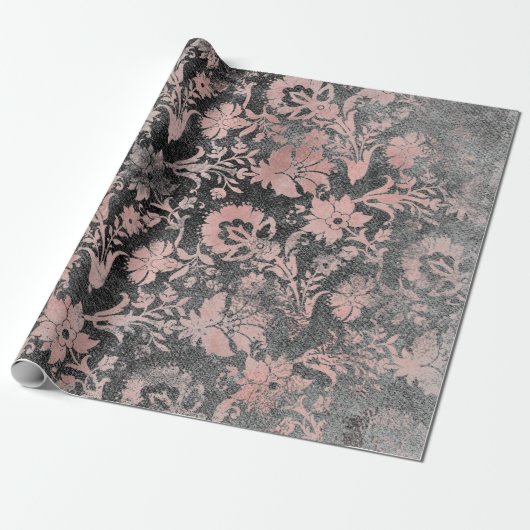 Blush Pink Rose Gold Floral Powder Grungy Black Cadeaupapier (Uitgerold)