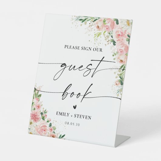 Blush Pink Rose Gold Gastenboek teken Reclamebord Met Voetstuk (Voorkant)
