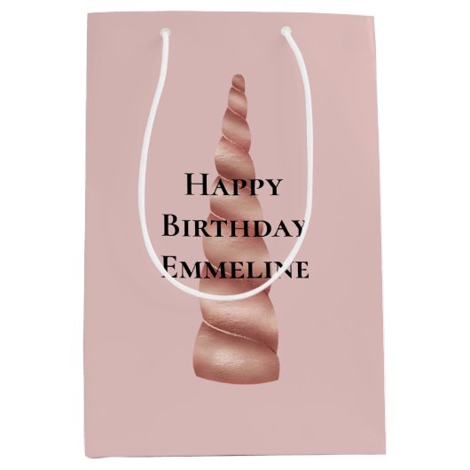 Blush Pink Rose Gold Glam Eenhoorn Verjaardag Medium Cadeauzakje (Voorkant)