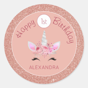 Blush Pink Rose Gold Glitter Eenhoorn 1e Verjaarda Ronde Sticker