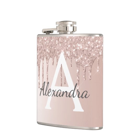 Blush Pink Rose Gold Glitter en Sparkle Monogram Heupfles (Links)
