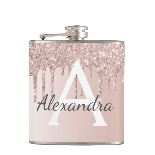 Blush Pink Rose Gold Glitter en Sparkle Monogram Heupfles (Voorkant)