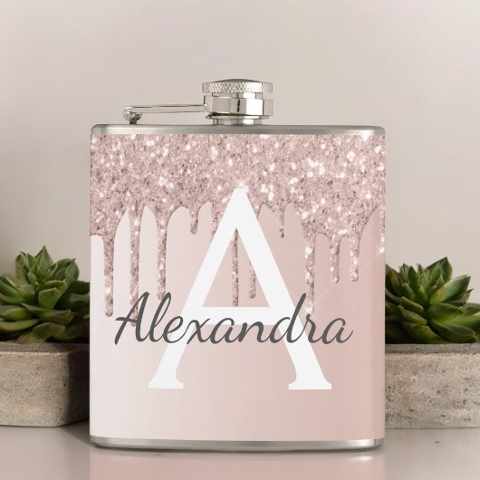 Blush Pink Rose Gold Glitter en Sparkle Monogram Heupfles