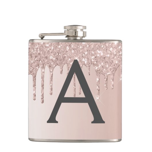 Blush Pink Rose Gold Glitter en Sparkle Monogram Heupfles (Voorkant)