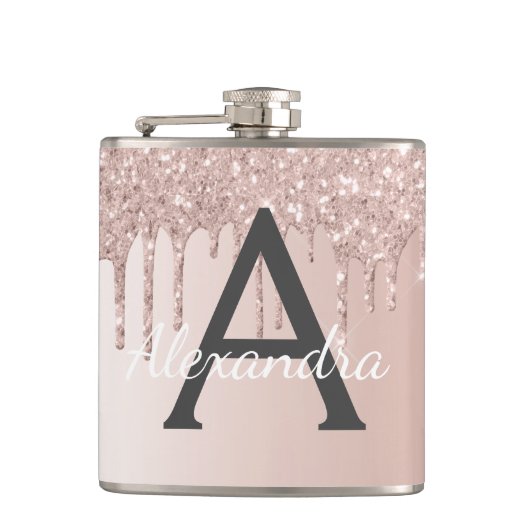 Blush Pink Rose Gold Glitter en Sparkle Monogram Heupfles (Voorkant)