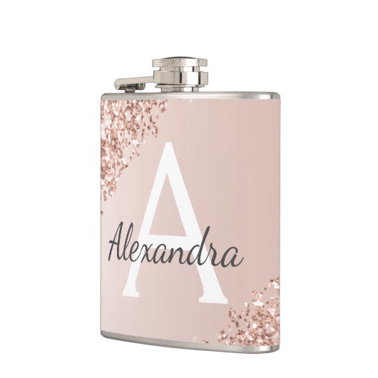 Blush Pink Rose Gold Glitter en Sparkle Monogram Heupfles (Links)