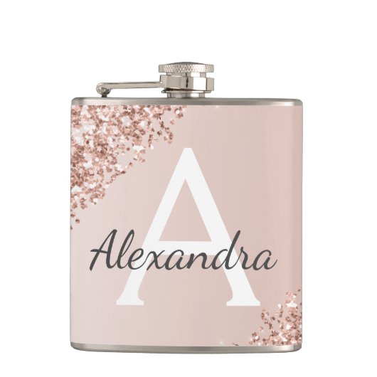 Blush Pink Rose Gold Glitter en Sparkle Monogram Heupfles (Voorkant)