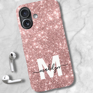 Blush Pink Rose Gold Glitter Naam Monogram iPhone 16 Hoesje