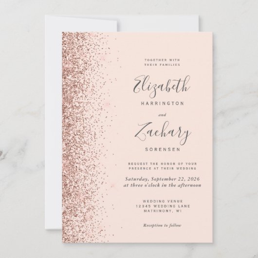 Blush Pink Rose Gold Glitter QR Code Huwelijk Kaart (Voorkant)
