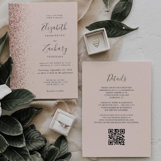 Blush Pink Rose Gold Glitter QR Code Huwelijk Kaart