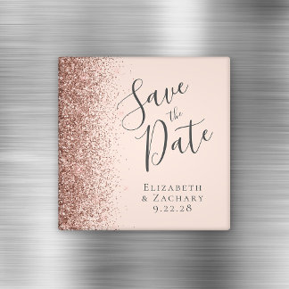 Blush Pink Rose Gold Glitter Script Save the Date Magneet