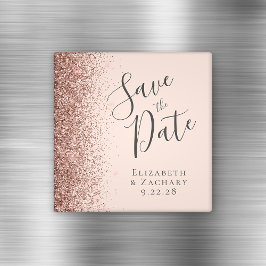 Blush Pink Rose Gold Glitter Script Save the Date Magneet