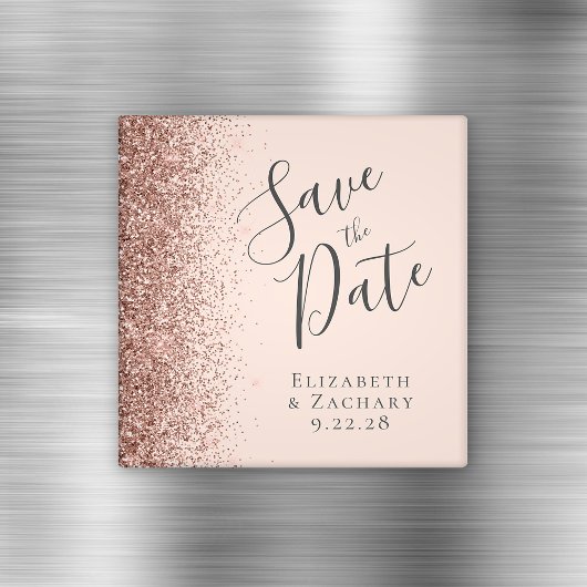 Blush Pink Rose Gold Glitter Script Save the Date Magneet