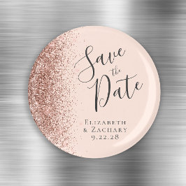 Blush Pink Rose Gold Glitter Script Save the Date Magneet
