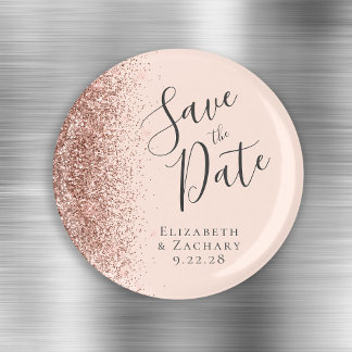 Blush Pink Rose Gold Glitter Script Save the Date Magneet