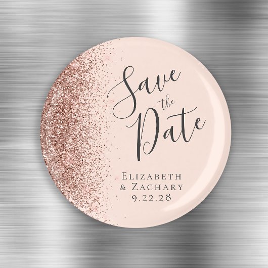 Blush Pink Rose Gold Glitter Script Save the Date Magneet