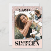 Blush Pink Rose Gold Glitter Vier foto Sweet 16 Kaart (Voorkant)