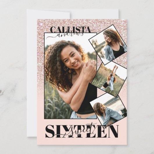 Blush Pink Rose Gold Glitter Vier foto Sweet 16 Kaart (Voorkant)