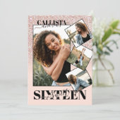 Blush Pink Rose Gold Glitter Vier foto Sweet 16 Kaart (Staand voorkant)