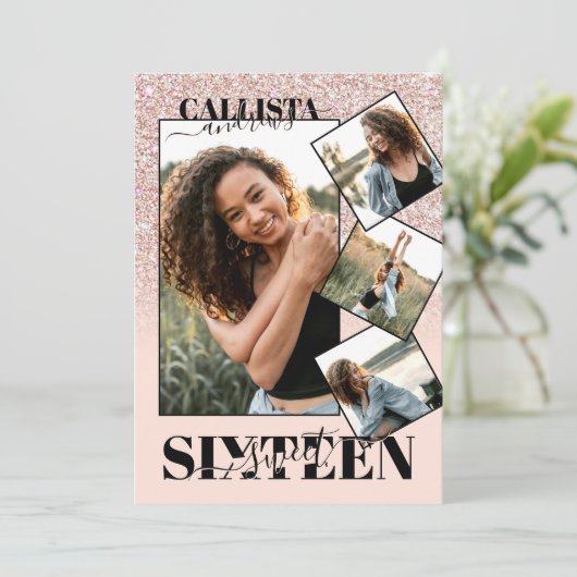 Blush Pink Rose Gold Glitter Vier foto Sweet 16 Kaart (Staand voorkant)