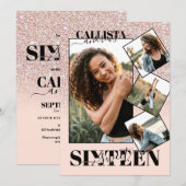 Blush Pink Rose Gold Glitter Vier foto Sweet 16 Kaart (Voorkant / Achterkant)