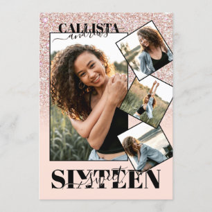 Blush Pink Rose Gold Glitter Vier foto Sweet 16 Kaart
