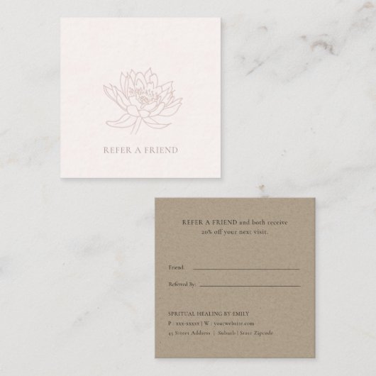 BLUSH PINK ROSE GOLD LOTUS FLORAL REFER A FRIEND VIERKANTE VISITEKAARTJE (Voorkant / Achterkant)