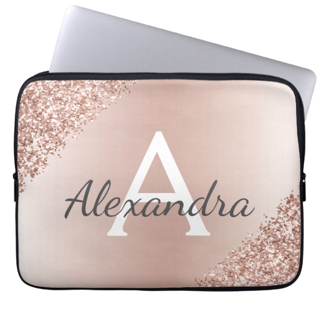 Blush Pink Rose Gold Metallic Glitter Monogram Laptop Sleeve (Voorkant)
