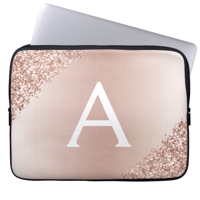 Blush Pink Rose Gold Metallic Glitter Monogram Laptop Sleeve (Voorkant)