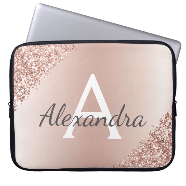 Blush Pink Rose Gold Metallic Glitter Monogram Laptop Sleeve (Voorkant)