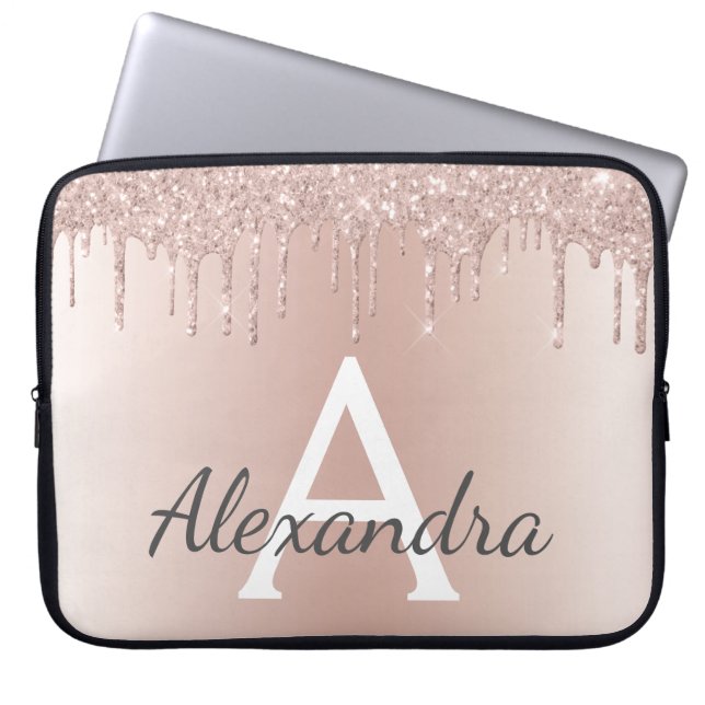 Blush Pink Rose Gold Metallic Glitter Monogram Laptop Sleeve (Voorkant)