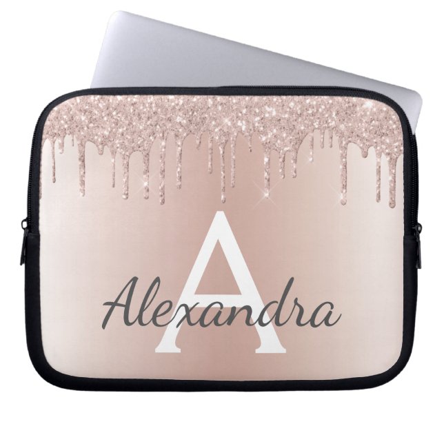 Blush Pink Rose Gold Metallic Glitter Monogram Laptop Sleeve (Voorkant)