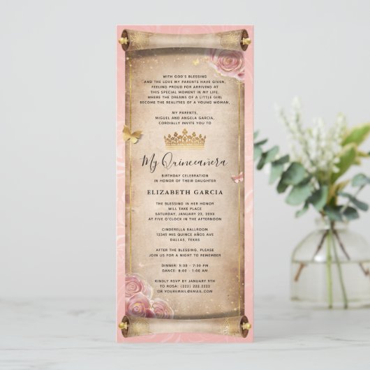 Blush Pink Rose Gold Mis Quince Photo Scroll Kaart (Staand voorkant)