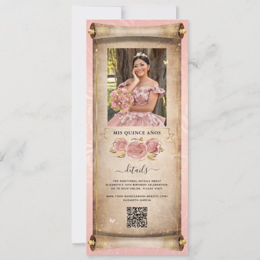 Blush Pink Rose Gold Mis Quince Photo Scroll Kaart (Achterkant)
