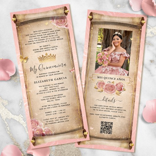 Blush Pink Rose Gold Mis Quince Photo Scroll Kaart
