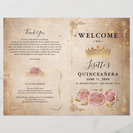 Blush Pink Rose Gold Parchment Quinceanera Program (Voorkant)