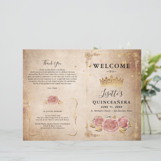 Blush Pink Rose Gold Parchment Quinceanera Program (Staand voorkant)