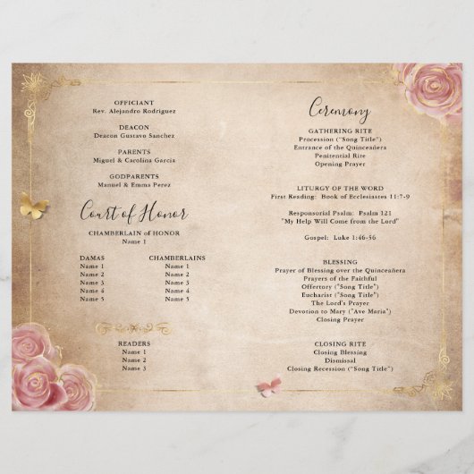 Blush Pink Rose Gold Parchment Quinceanera Program (Achterkant)