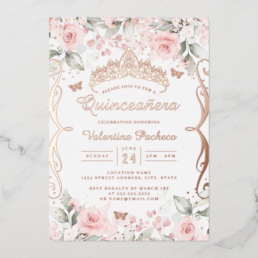 Blush Pink Rose Gold Quinceanera Folie Uitnodiging (Voorkant)