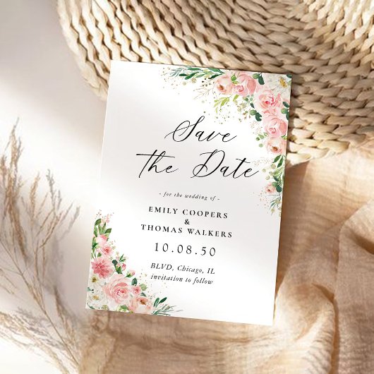 Blush Pink Rose Gold Save The Date Kaart