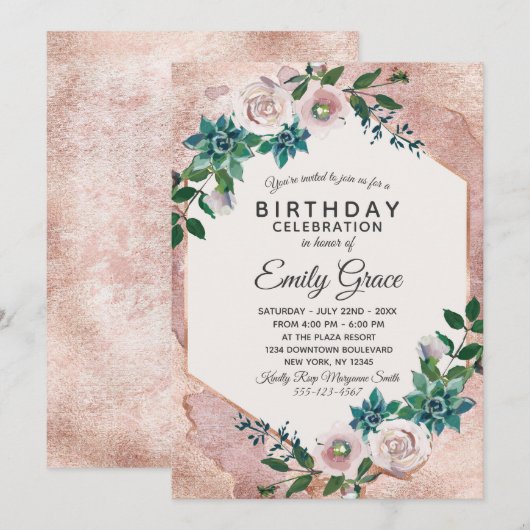 Blush Pink Rose Gold verjaardagsfeestje uitnodigin Kaart (Voorkant / Achterkant)