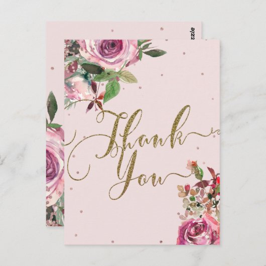 Blush Pink Rose Goud Bloemen Modern Dank u Briefkaart (Voorkant / Achterkant)