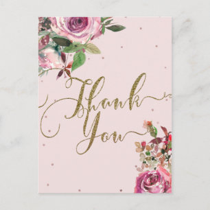 Blush Pink Rose Goud Bloemen Modern Dank u Briefkaart