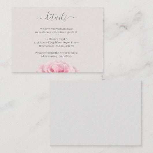 Blush Pink Rose Grey Floral Wedding Hotel Detail Informatiekaartje (Voorkant / Achterkant)