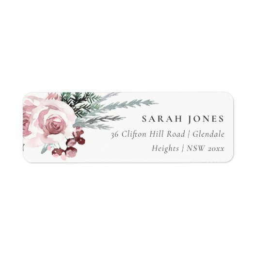 BLUSH PINK ROSE HOLLY BERRY NIEUW JAAR ADRES ETIKET (Voorkant)